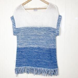 OC Blue & White Colorblock Cotton Fringe Sleeveless Sweater Women’s Size…